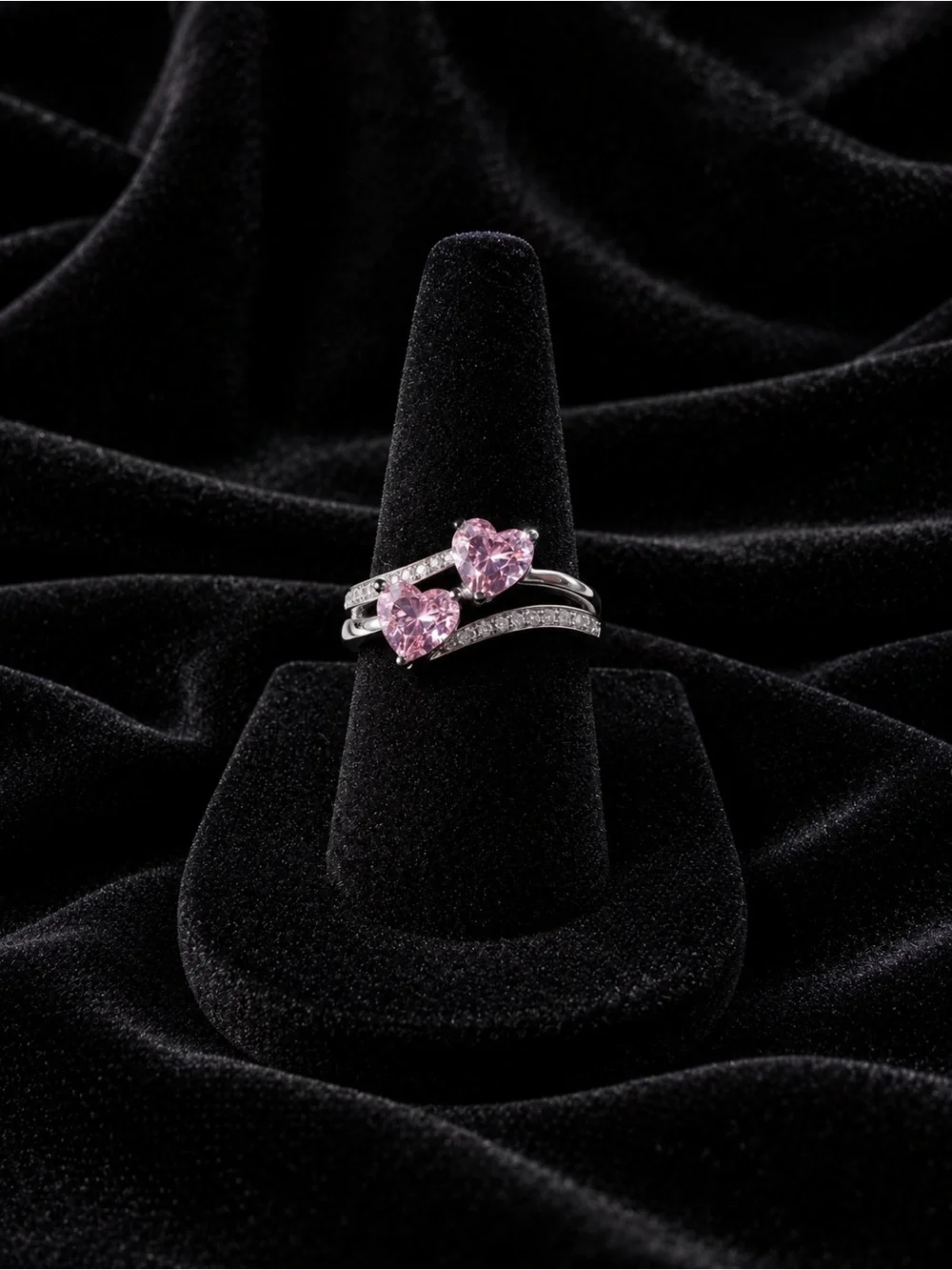 Silver Double Connected Pink Heart Ring with Clear Crystal Accents